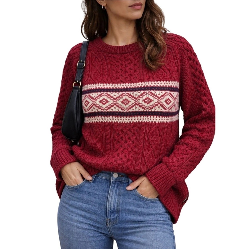 LL Bean Signature Sweater Womens M Red Cable Knit Fair Isle Side Zip 510983